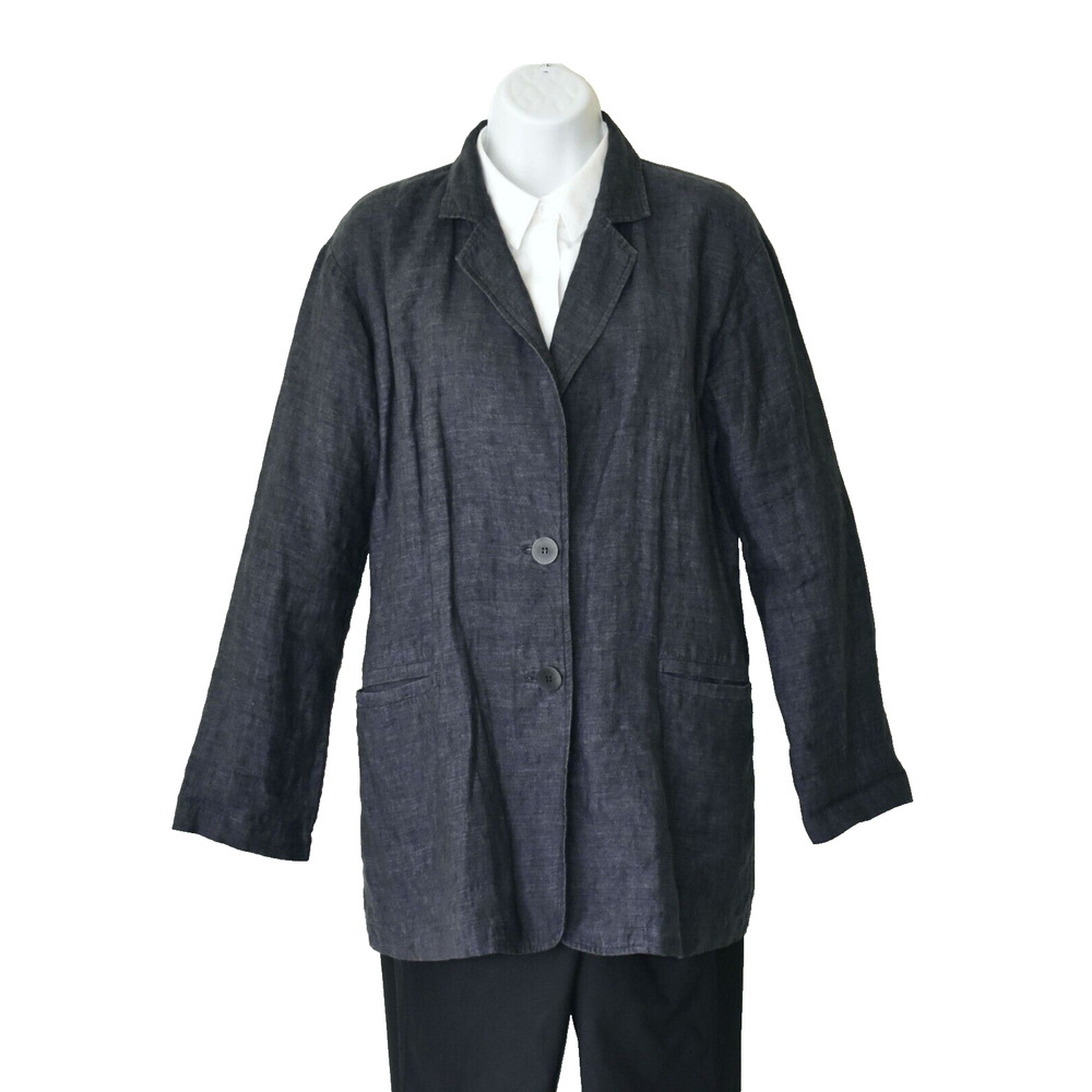 A8 Auth EILEEN FISHER Organic Linen Denim Delave Notch Collar Jacket Sz XS $348